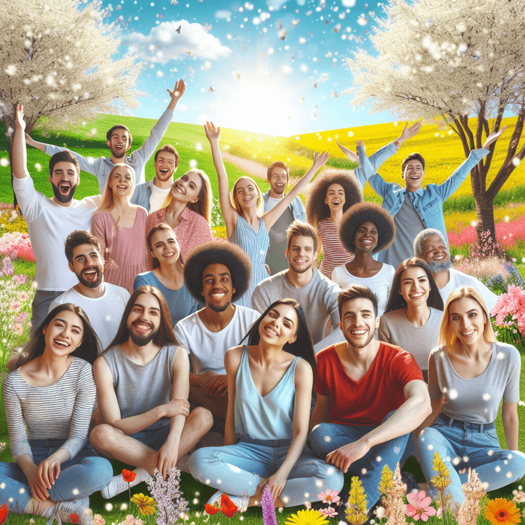 A diverse group of people enjoying the outdoors, smiling and relaxed, symbolizing freedom from allergies, set against a bright, pollen-filled spring landscape.