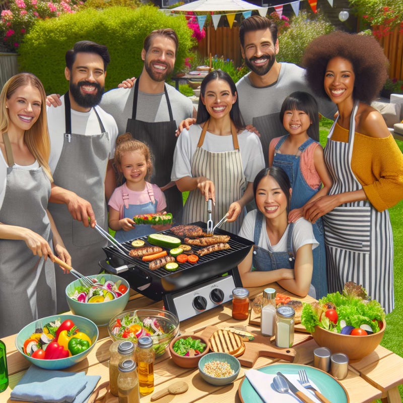 A cheerful backyard barbecue scene with a diverse family grilling colorful vegetables and lean meats on a sunny day everyone smiling wearing aprons and using food thermometers with fresh salad and allergy-safe labels visible bright vibrant colors hopeful mood