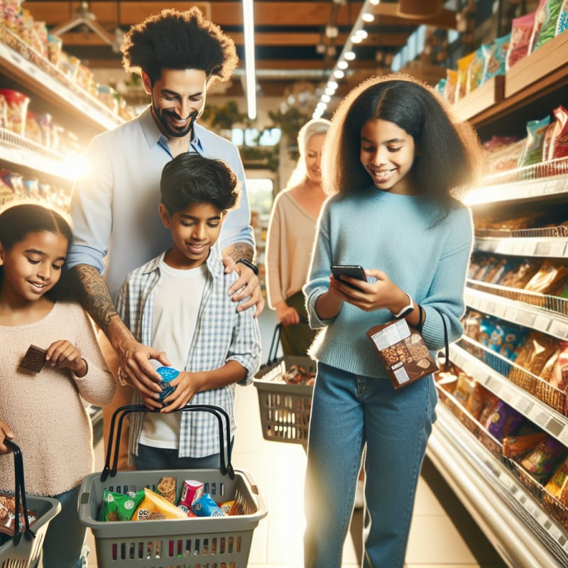 A sunlit grocery store aisle with a diverse family using a smartphone app to scan snack labels smiling children choosing allergy safe chocolate treats modern shopping baskets with trending snacks soft pastel color palette warm inviting atmosphere sense of empowerment