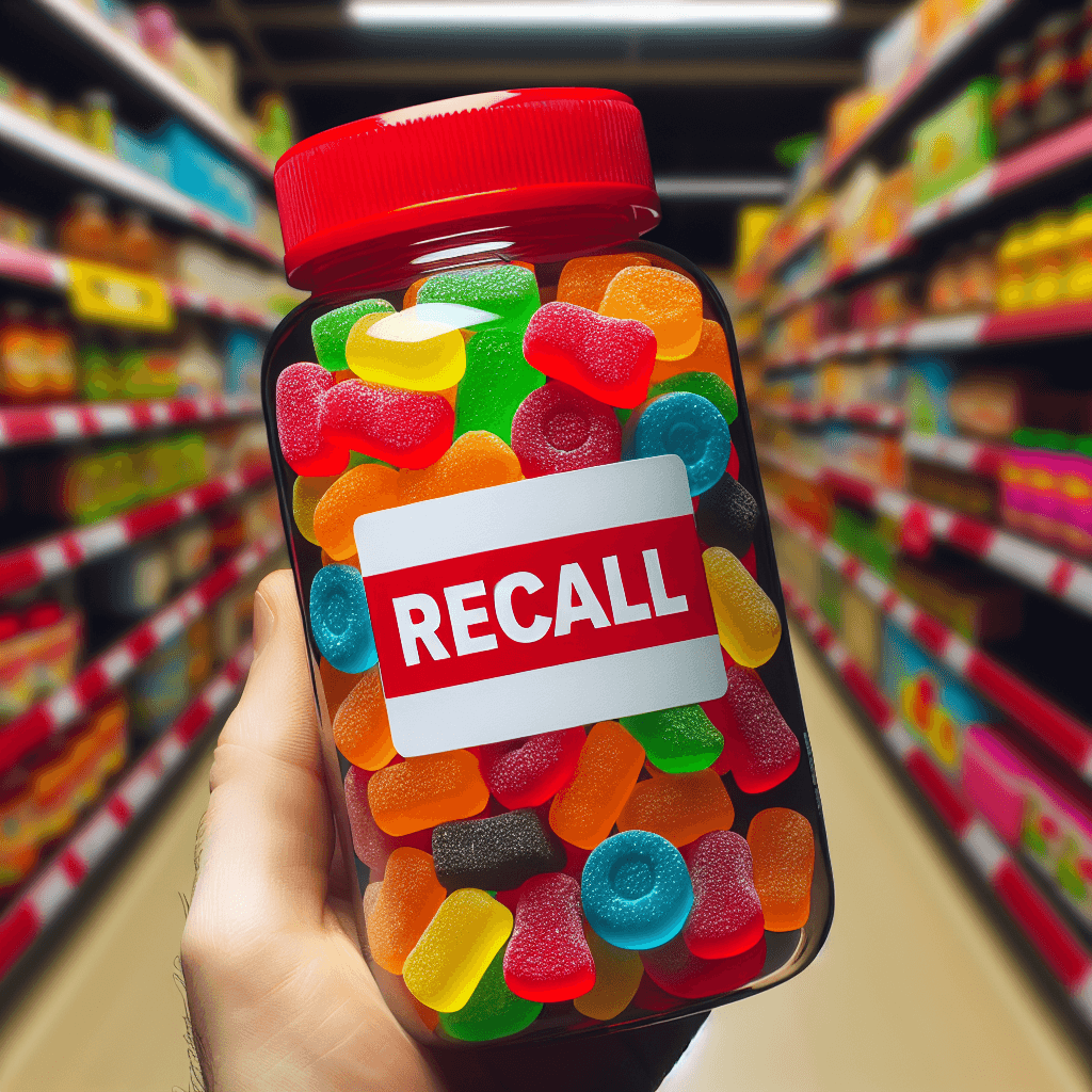 A close-up of assorted colorful gummy vitamins in an open bottle, with a red recall warning label overlay and blurred supermarket shelves in the background.
