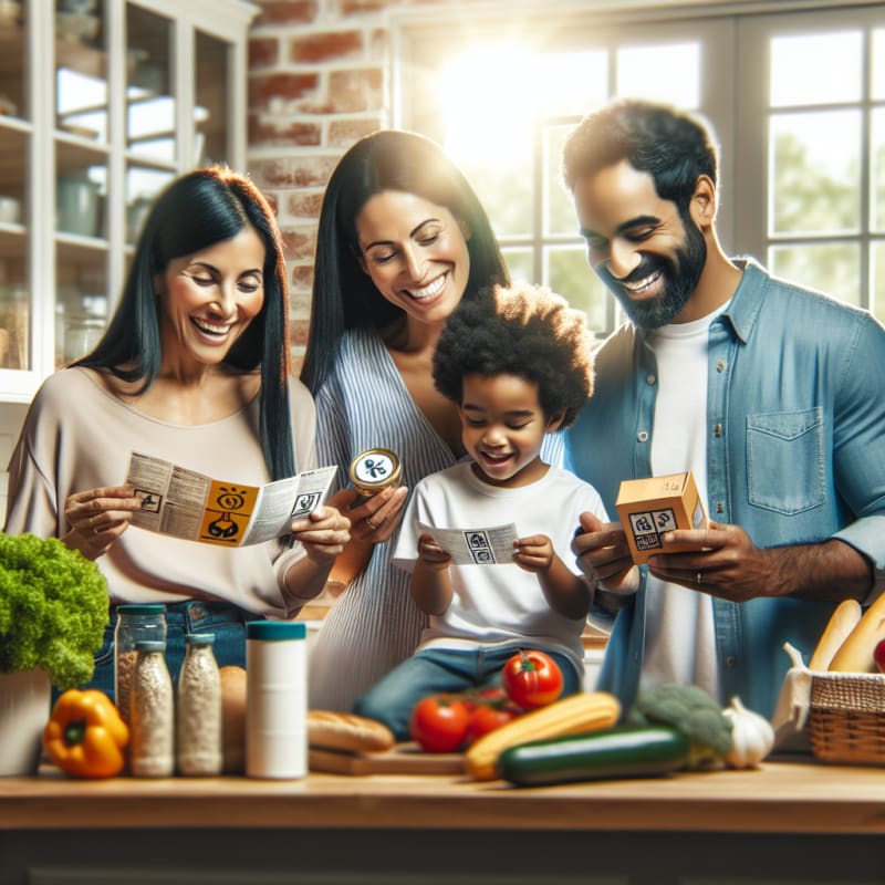 Bright friendly kitchen setting with diverse family reading food labels together cheerful atmosphere modern packaging featuring clear allergen icons sunlight streaming through window healthy fresh groceries on counter hope and safety vibes
