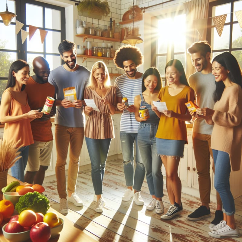 Bright cheerful kitchen scene with diverse group of people examining food ingredient labels smiling and discussing allergy safety under natural sunlight