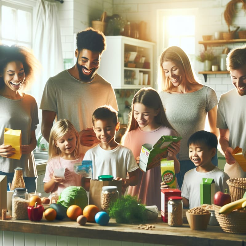 Bright cheerful kitchen scene with diverse people reading food labels together natural light healthy groceries on counter allergy safe snacks smiling children open packaging friendly atmosphere hope