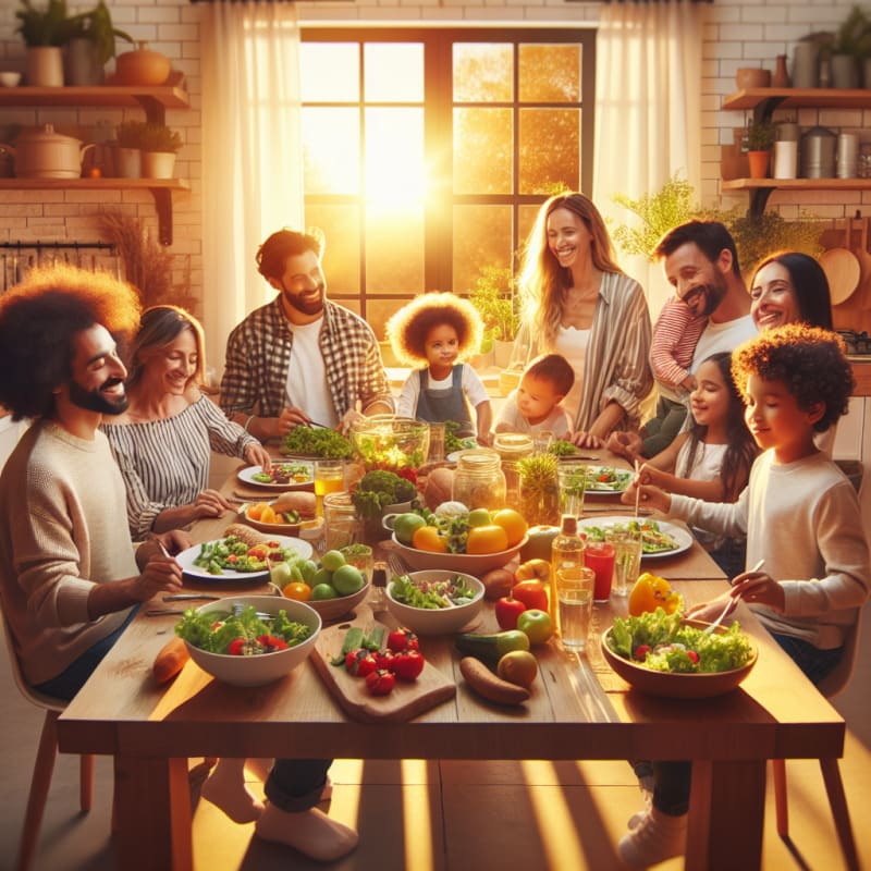 A bright cheerful kitchen scene with a diverse family sharing a healthy dinner at sunset lots of fresh colorful allergy friendly foods on the table soft natural light safe and happy mood