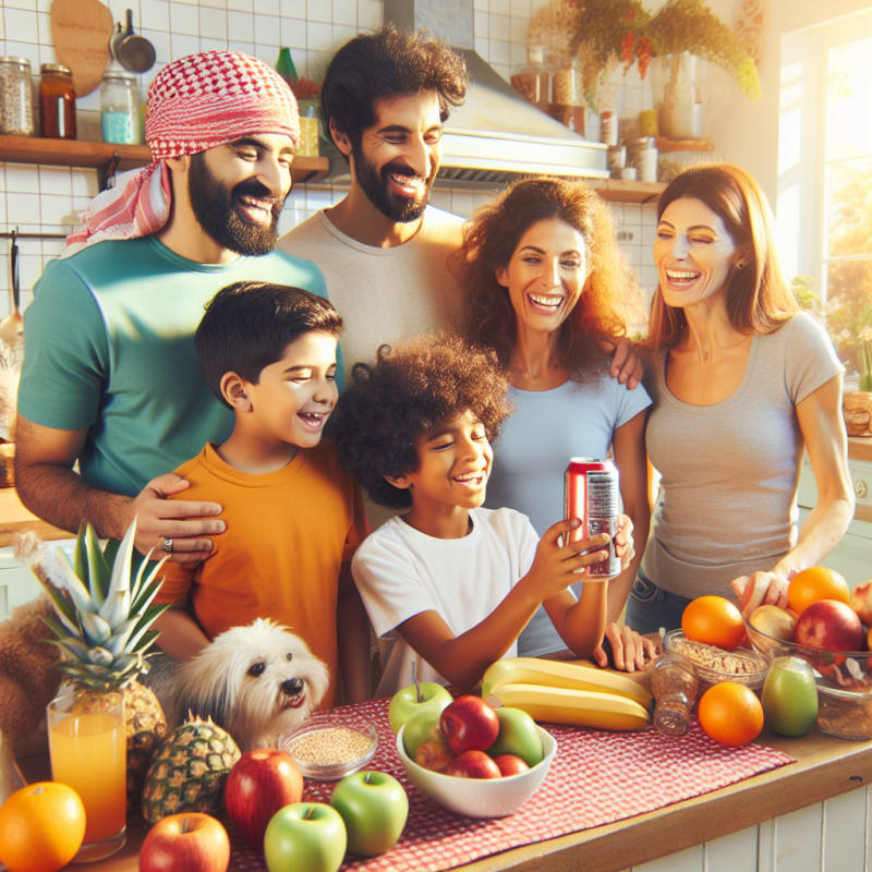 A bright hopeful kitchen scene with a smiling diverse family reading a soda can label surrounded by fresh fruit and allergy-friendly snacks soft natural sunlight playful pets in the background vibrant colors
