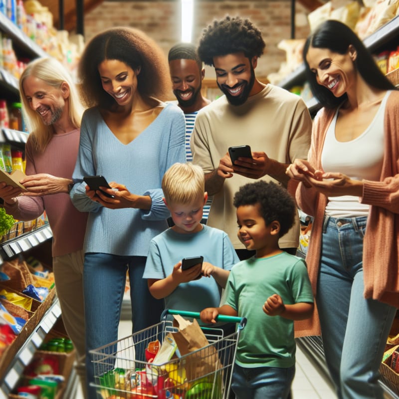 Bright cheerful grocery store scene with diverse families and kids happily choosing snacks scanning product labels with smartphones using modern food safety apps natural lighting soft warm colors friendly atmosphere sense of empowerment and safety