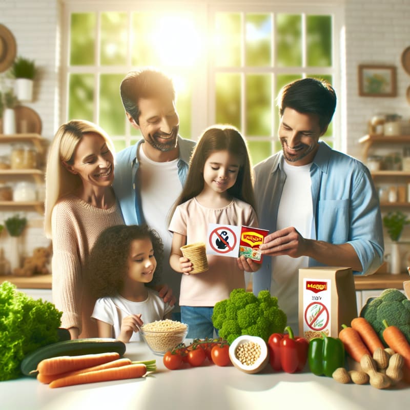 Bright kitchen scene with diverse happy family checking food labels on Maggi noodles surrounded by fresh vegetables allergy-friendly icons and soft natural light