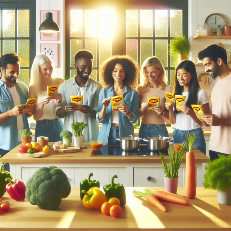 A cheerful modern kitchen scene with a diverse group of people reading food labels on Maggi noodle packets sunlight streaming in pastel colors allergy info icons visible healthy fresh vegetables on counter friendly and inclusive mood