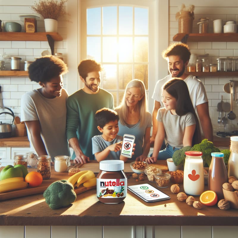 A bright cheerful kitchen scene with a diverse family reading a Nutella jar label together a smartphone showing allergy info gentle sunlight streaming in healthy vegan food options on the counter and clear allergy-friendly icons