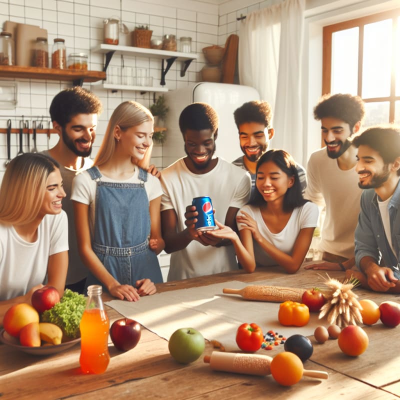 Bright friendly kitchen scene with diverse young people checking a Pepsi can label surrounded by fresh fruits gluten free snacks and allergy safe products sunlight streaming in smiling faces