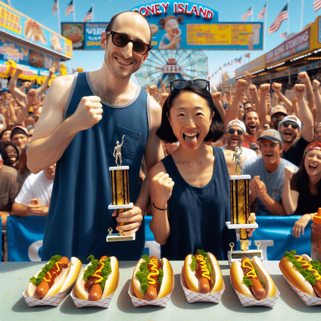 Joey Chestnut and Miki Sudo celebrating with hot dogs and trophies at Coney Island, surrounded by a cheering crowd on a sunny day.