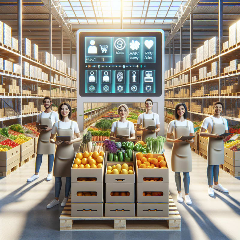 A bright modern warehouse in sunny Florida filled with colorful healthy groceries friendly staff in allergy-safe uniforms and digital safety labels sunlight streaming in