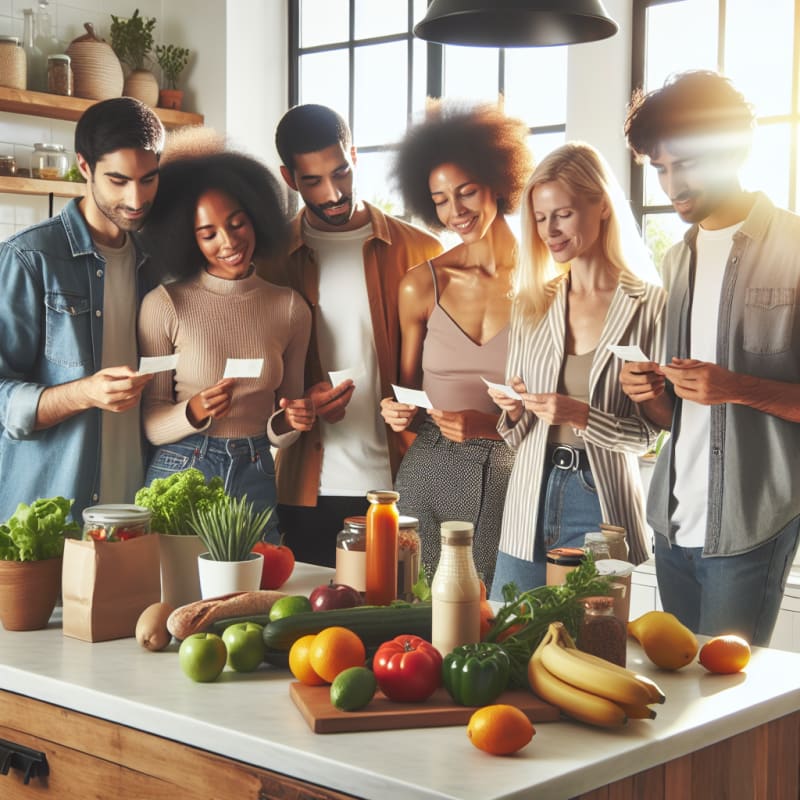 A diverse group of friends in a bright modern kitchen reviewing healthy food labels together with fresh fruits vegetables and allergy safe products on the counter sunlight streaming in creating a hopeful and safe atmosphere