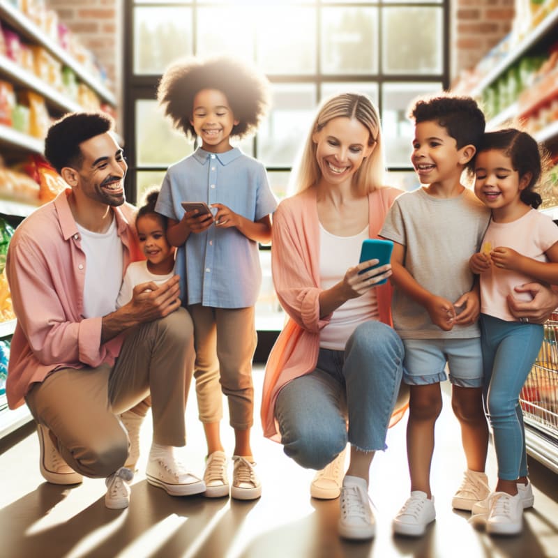 A joyful family with kids shopping in a bright modern grocery store using a food safety app on their smartphones smiling and discussing snack choices gentle sunlight streaming through windows soft pastel colors warm atmosphere creating a sense of empowerment and togetherness