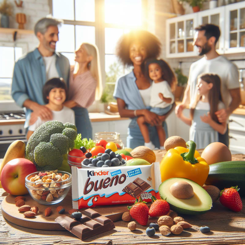 Bright friendly kitchen setting with a closeup of Kinder Bueno chocolate bar surrounded by colorful fresh keto friendly snacks and allergy safe ingredient labels happy family in background natural sunlight hopeful atmosphere