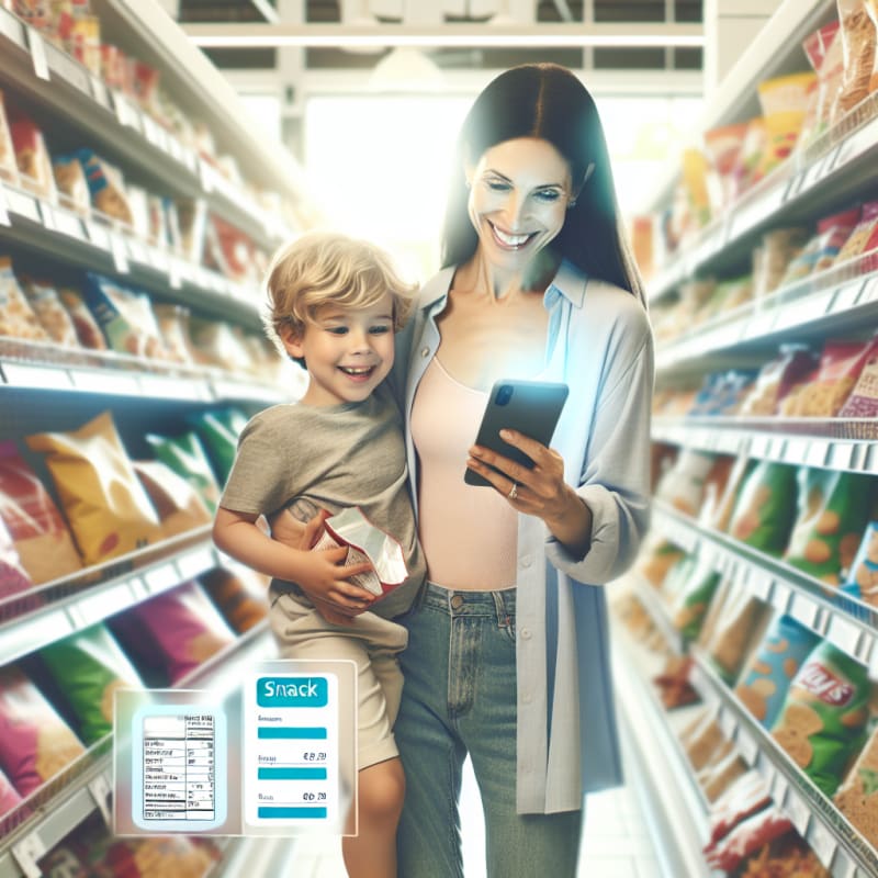 A bright modern grocery store scene with a smiling parent and child happily browsing snack aisles using a smartphone app to scan product labels showing nutrition and allergy info soft natural lighting pastel colors and a sense of empowerment and safety