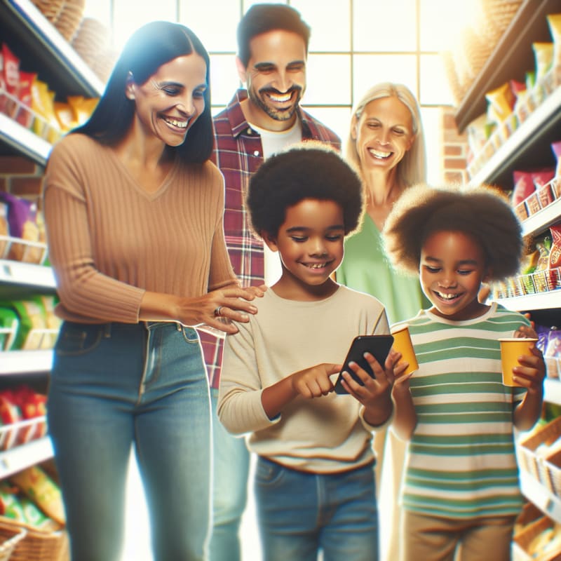 A bright grocery store scene with a diverse family using a modern smartphone app to scan snack labels warm natural lighting soft pastel colors happy children smiling as they pick treats shelves stocked with trending snacks a sense of empowerment and safety no medical or sterile tones