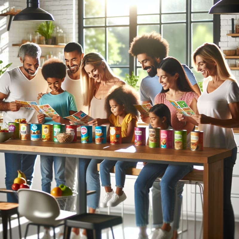 A bright hopeful kitchen scene with a diverse family reading colorful food labels together natural sunlight streaming in modern packaging featuring clear allergy safe and eco friendly labels cheerful atmosphere