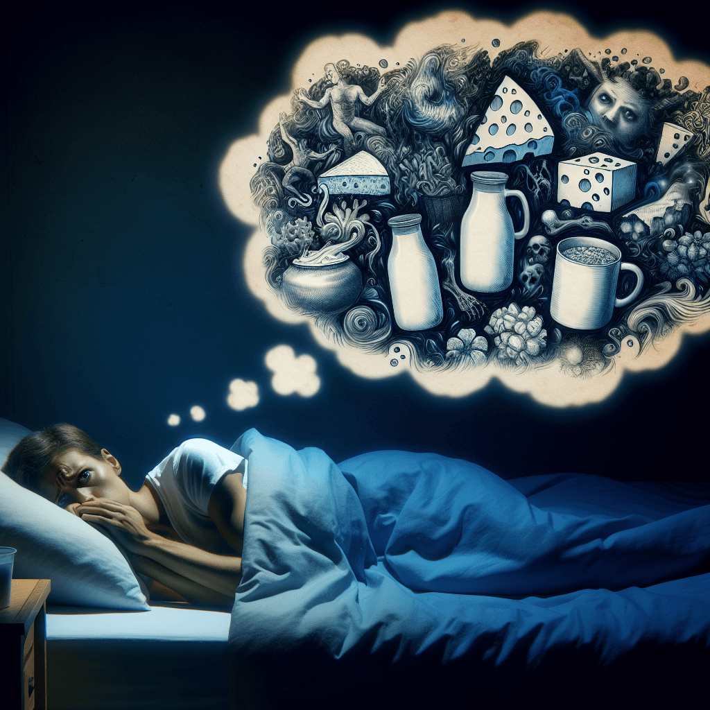 A worried person lying awake in bed at night, with a thought bubble showing dairy products and abstract nightmare imagery, soft blue tones.