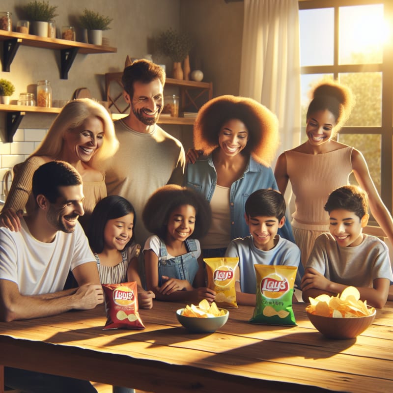 A bright cheerful kitchen scene with a diverse family reading a snack label together bags of potato chips on a wooden table sunlight streaming in smiles and a sense of safety and trust