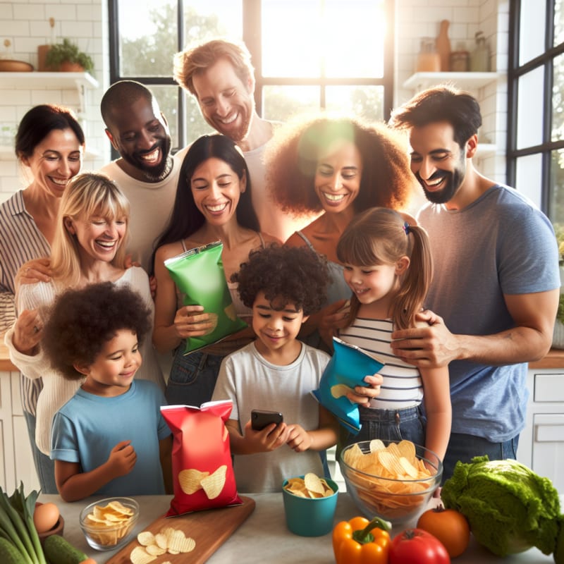 A cheerful diverse family in a bright modern kitchen examining colorful bags of potato chips smiling and using a smartphone to scan labels for allergens and dietary info sunlight streaming through large windows fresh vegetables and healthy snacks on the countertop positive and hopeful mood