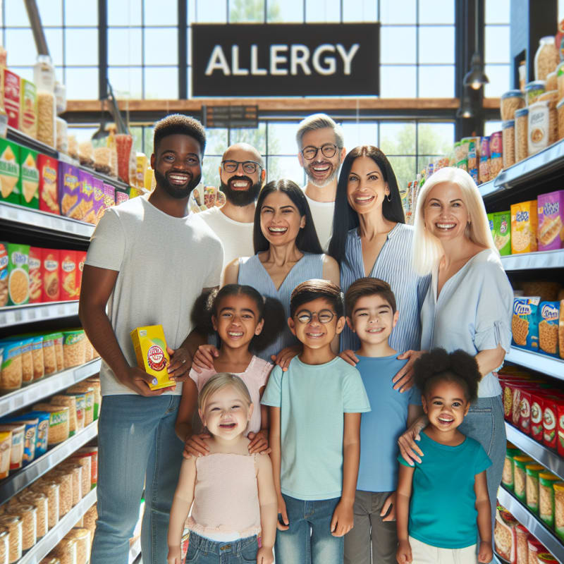 A bright modern grocery aisle with diverse allergy-friendly snacks on display families smiling while reading food labels vibrant packaging clear allergy warnings sunlight streaming through large windows positive atmosphere