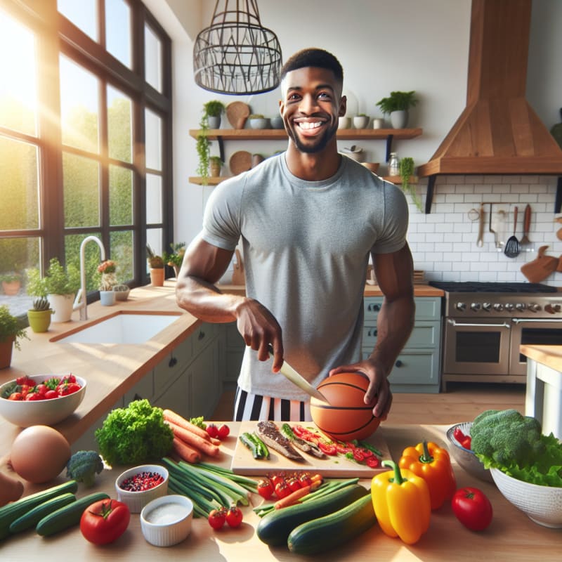 A smiling professional basketball player in a modern kitchen preparing a colorful allergy-safe meal with fresh vegetables and lean proteins sunlight streaming in through large windows creating a hopeful and energetic atmosphere