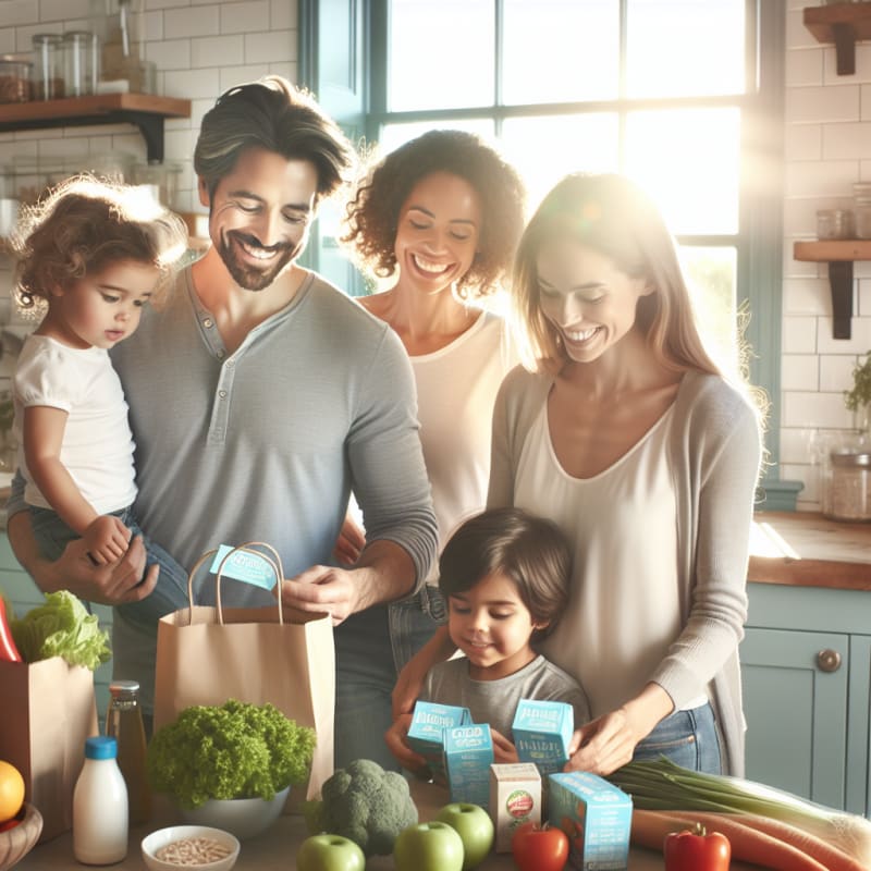 Bright sunlit kitchen with a diverse family smiling while checking allergy-friendly food labels on fresh groceries clear blue packaging soft pastel colors hopeful mood safe healthy choices visible