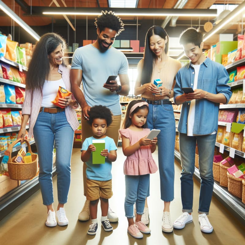 A bright cheerful grocery store scene with diverse parents and kids smiling while checking snack labels using a mobile app sunlit shelves filled with colorful trendy food products soft pastel colors and a hopeful atmosphere everyone appearing empowered and confident in their food choices