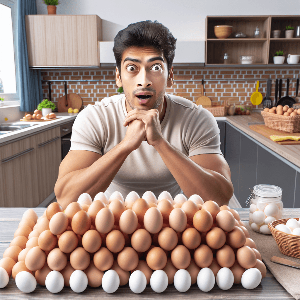 A man sitting at a table surrounded by stacks of boiled eggs, looking surprised, with a kitchen in the background.
