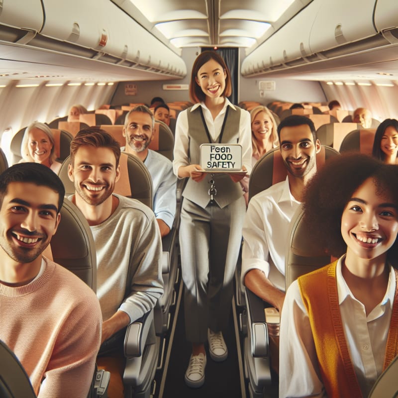 A cheerful airplane cabin with diverse passengers smiling and attentive a flight attendant holding a friendly food safety sign warm natural sunlight streaming in soft pastel colors