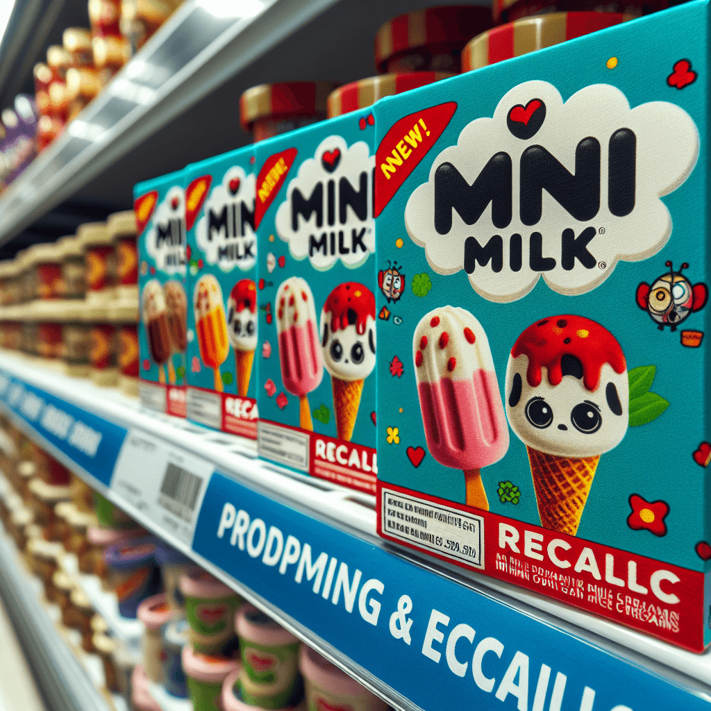 Close-up of Mini Milk ice creams on a store shelf with a bold red recall warning label, emphasizing urgency and food safety.