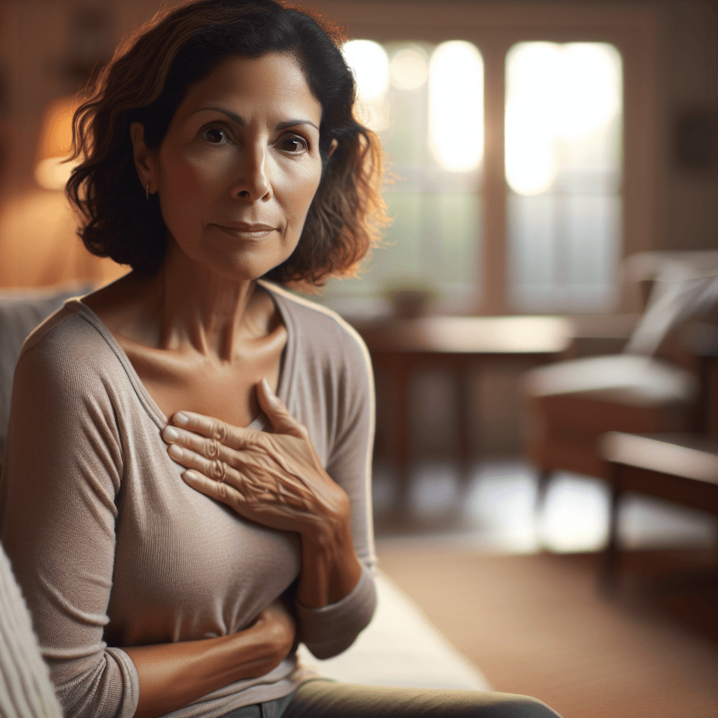 A concerned middle-aged woman sits on a sofa, holding her stomach, with a thoughtful expression in a softly lit home setting.