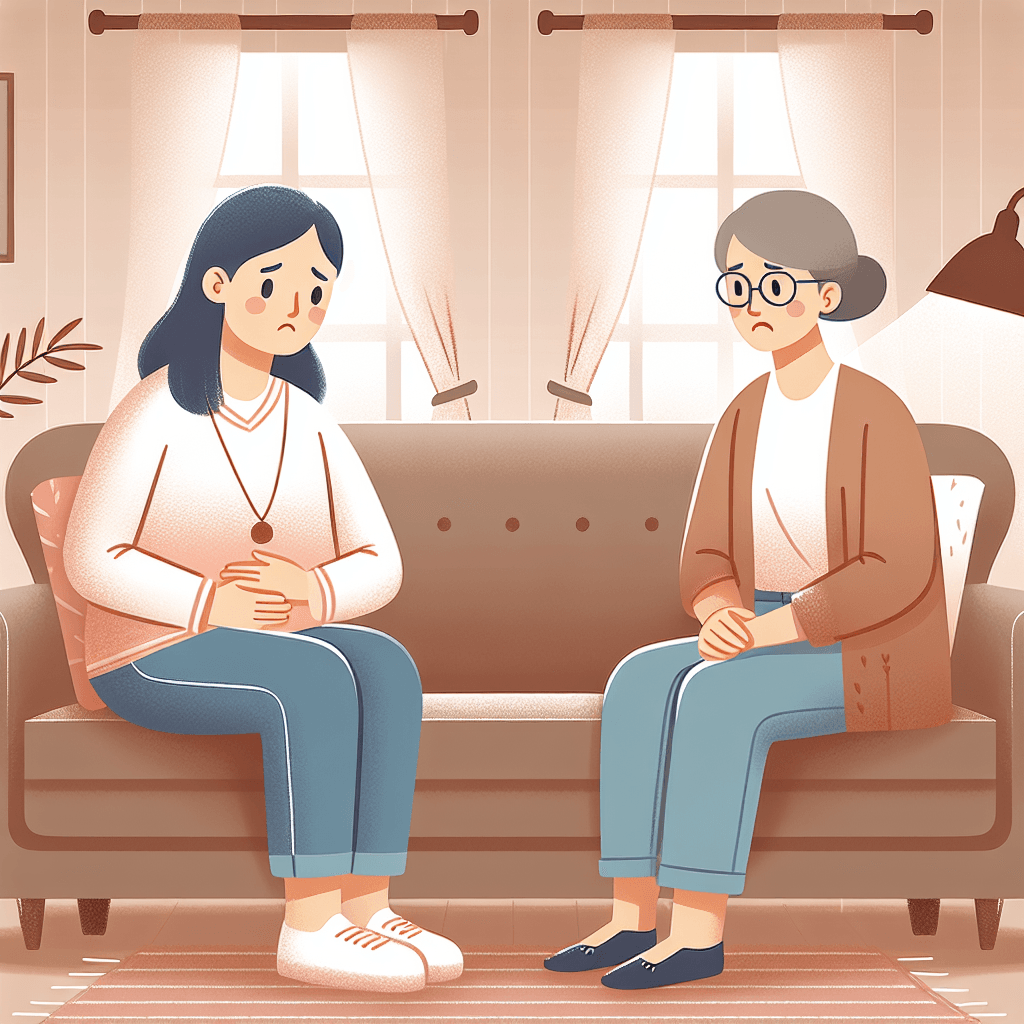 A worried mother sitting on a sofa, holding her stomach, with a supportive family member beside her in a softly lit living room.