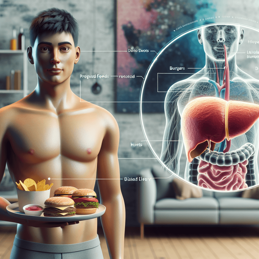 A slim person holding a plate of processed foods, with a graphic overlay showing a diseased liver, highlighting the hidden risks of certain diets.