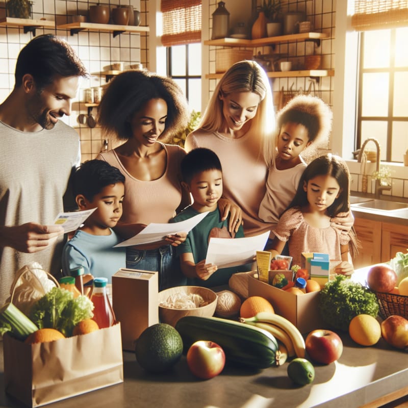 Bright kitchen scene with a diverse family reading food labels together fresh groceries on the counter warm sunlight streaming in healthy ingredients visible happy and safe atmosphere