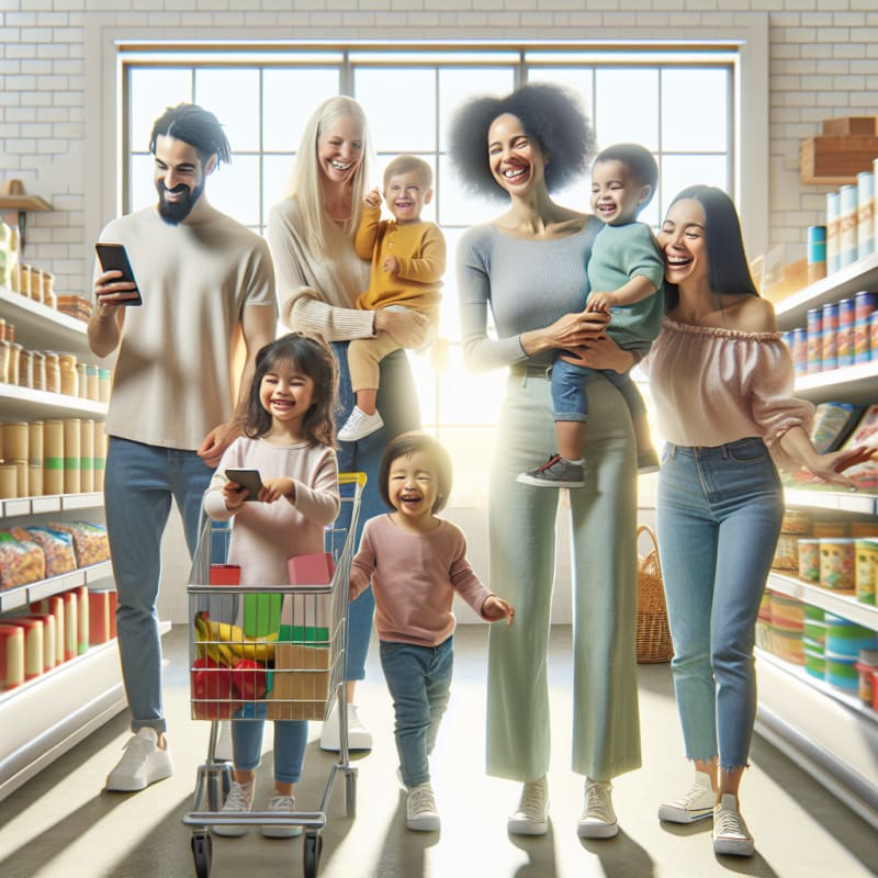 A bright cheerful grocery store scene with parents and children smiling while selecting allergy-safe snacks using a mobile app to scan product labels natural sunlight pouring in soft pastel color palette shelves featuring trending food products children laughing and families feeling empowered and safe