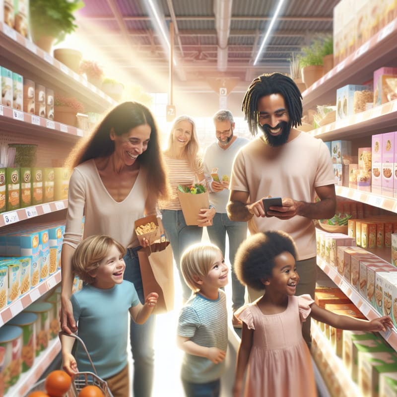 A bright and welcoming grocery aisle scene with diverse parents and children joyfully choosing organic snacks together natural sunlight streams in gentle colors soft pastel hues shoppers use a friendly mobile app to scan product labels and check allergy safety information everyone appears empowered confident and happy modern packaging with clear allergy symbols is visible the overall mood is inclusive positive and forward thinking