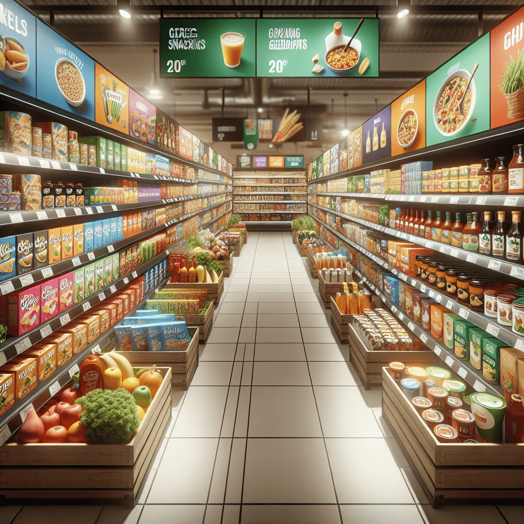 A diverse group of food products on supermarket shelves, highlighting colorful packaging with a focus on healthy, natural ingredients and clear labeling.