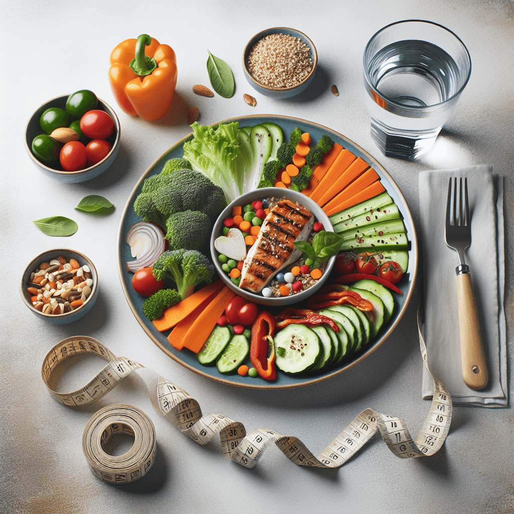 A healthy meal with fresh vegetables, lean protein, and whole grains arranged on a modern plate, with a tape measure and a glass of water nearby.