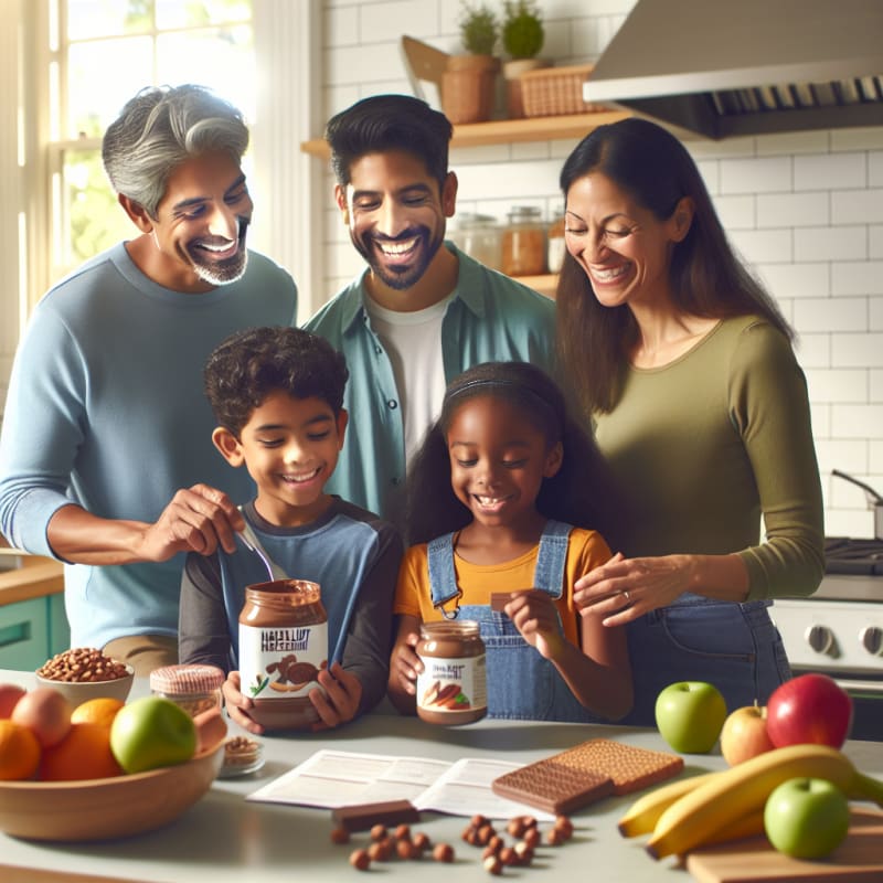 A bright modern kitchen scene with a smiling family reading ingredient labels on a jar of chocolate hazelnut spread surrounded by fresh fruits and allergy-safe snacks natural sunlight warm colors cheerful mood