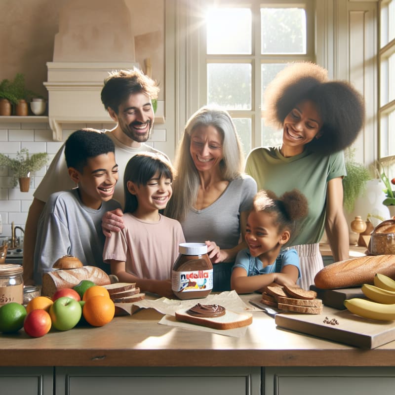 A bright kitchen scene with a smiling diverse family reading a Nutella label on a jar surrounded by gluten-free bread fruits and allergy-safe ingredients with soft natural sunlight and a hopeful atmosphere