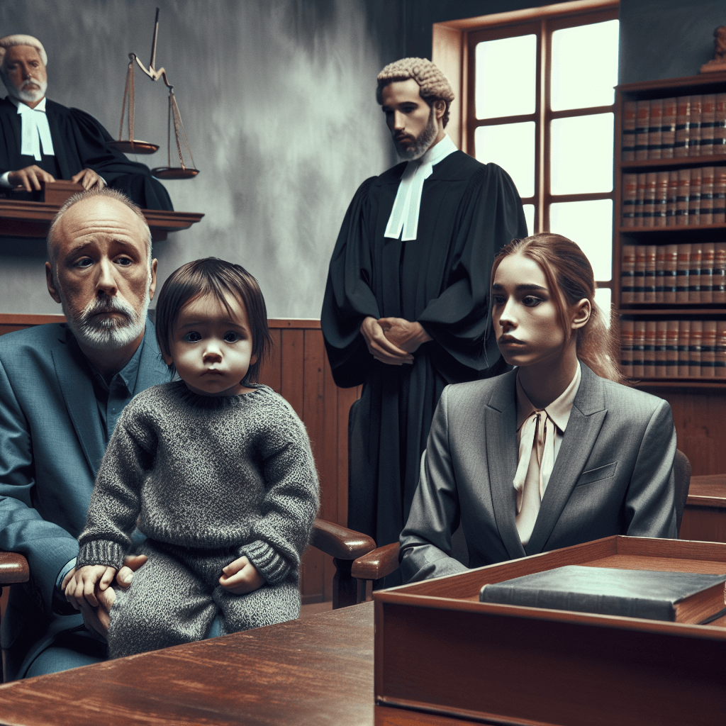 A somber courtroom scene with worried parents, a judge, and a frail child, highlighting the impact of an extreme vegan diet on child health.