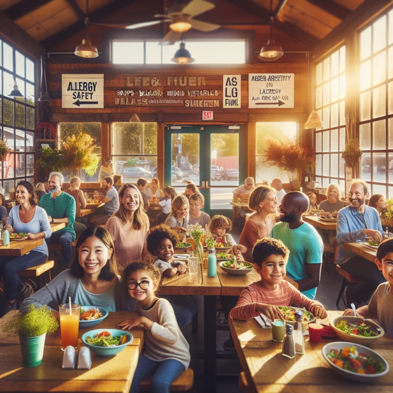 A vibrant daylight scene of a welcoming Oregon restaurant interior with smiling diverse families enjoying allergy-friendly meals together wooden tables bright food and clear allergy safety signage