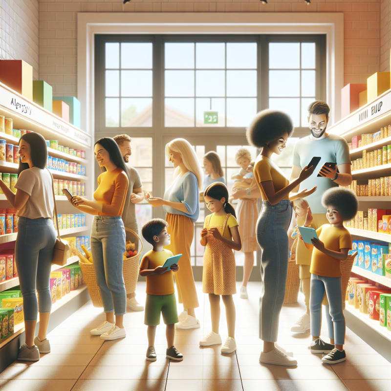 A bright grocery store scene with diverse families and children smiling while selecting allergy-friendly snacks together natural sunlight streaming through large windows cheerful kids scanning colorful food packages with a modern smartphone app soft pastel colors fill the scene warm and welcoming atmosphere
