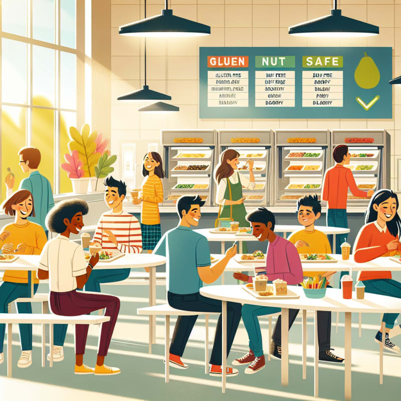 A bright friendly cafeteria scene with diverse people sharing allergy safe meals natural lighting hope filled expressions clear food labels visible inclusive and welcoming atmosphere