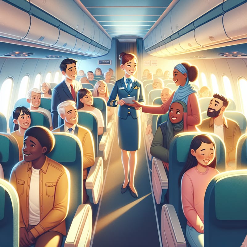 Bright airplane cabin with diverse passengers showing kindness as a flight attendant listens to a parent about food allergies soft sunlight highlights friendly faces sense of hope and safety
