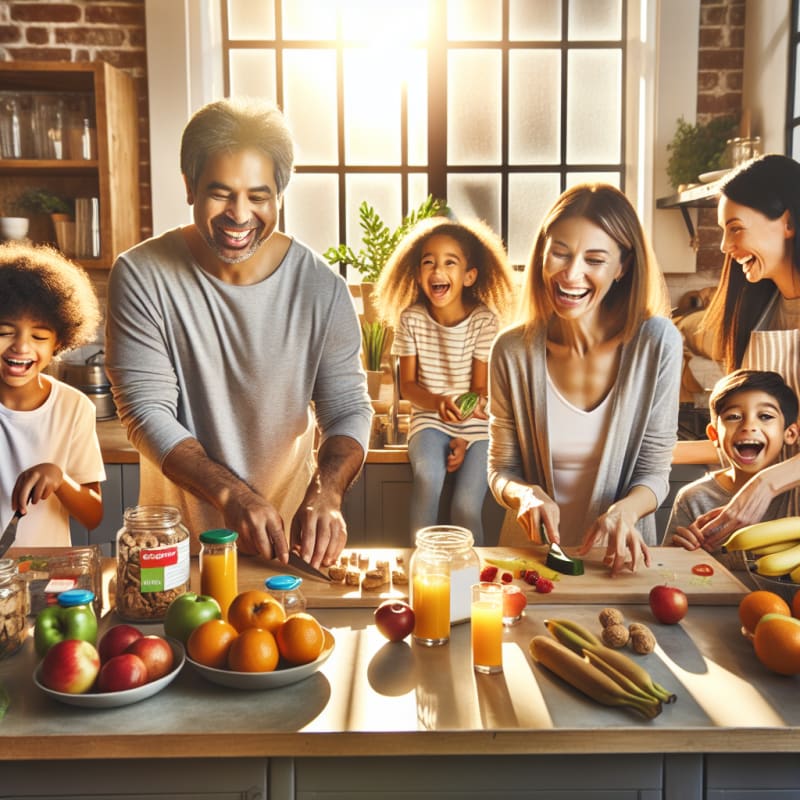 A bright sunlit kitchen with a smiling diverse family preparing allergy-safe snacks fresh fruits and colorful labels visible on packaging warm inviting atmosphere joyful faces