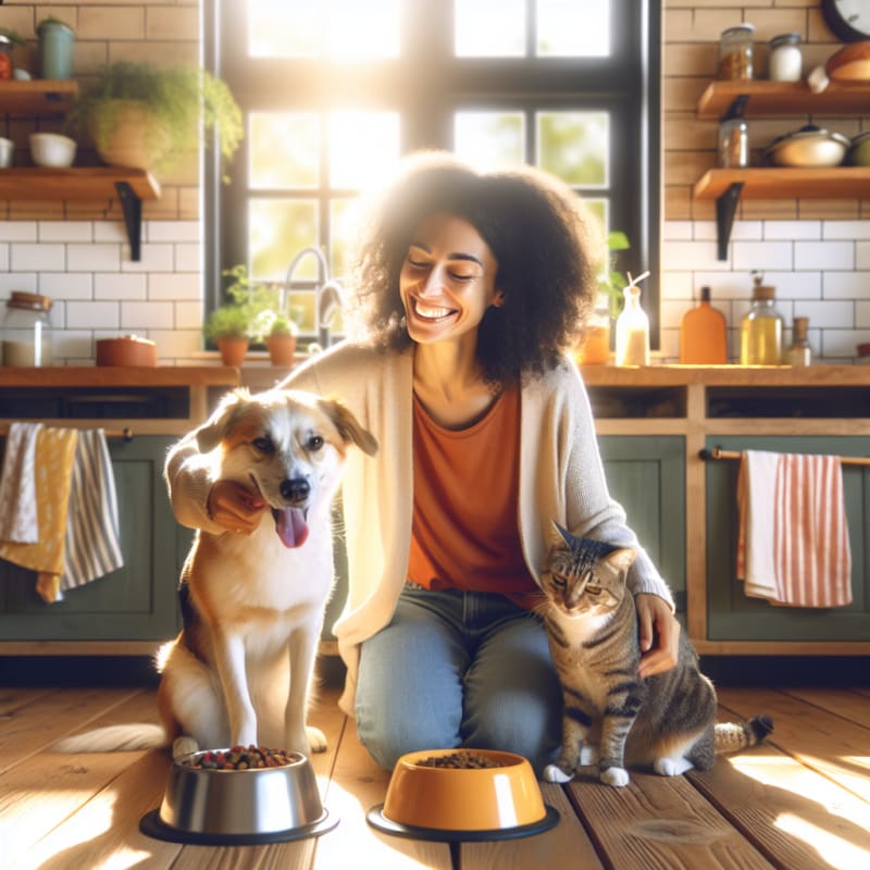 A cheerful pet owner gently comforting their dog and cat in a sunlit kitchen vibrant fresh food bowls on the counter clear food ingredient labels visible natural light mood hopeful and caring