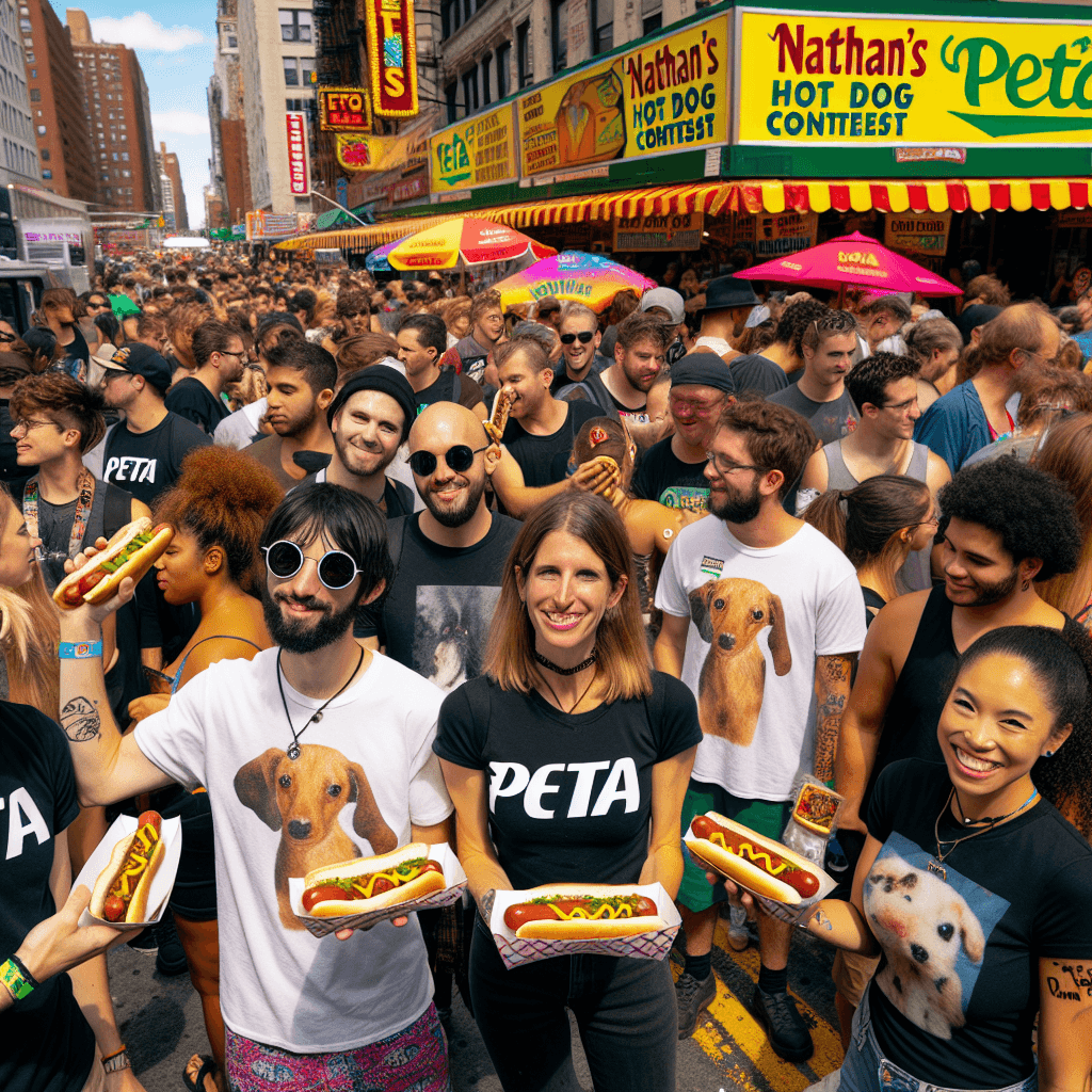 A lively street scene outside Nathan’s Hot Dog Eating Contest, with PETA volunteers handing out vegan wieners to a diverse crowd, colorful banners in the background.